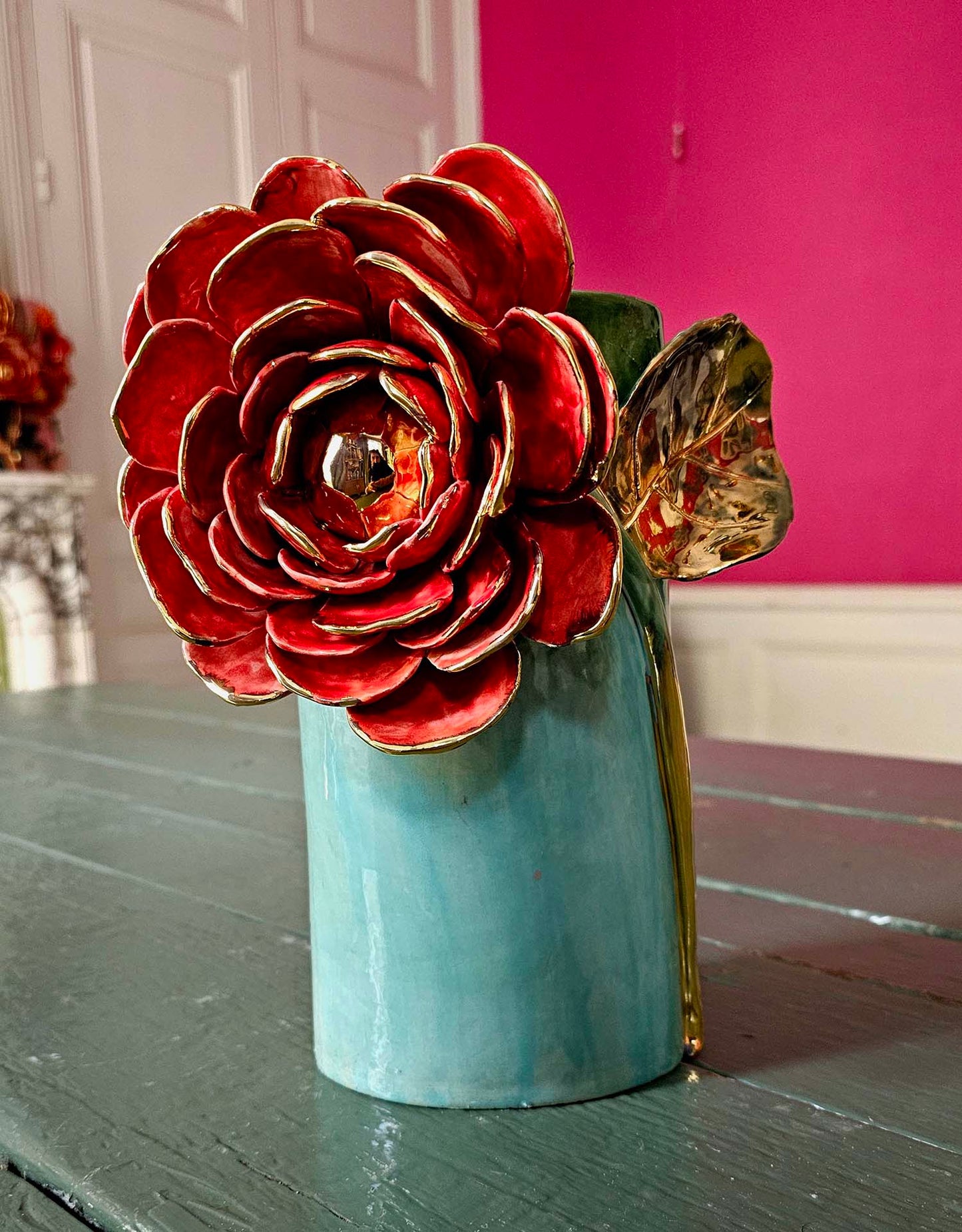 Enamelled earthenware vase gilded with fine 22-carat gold