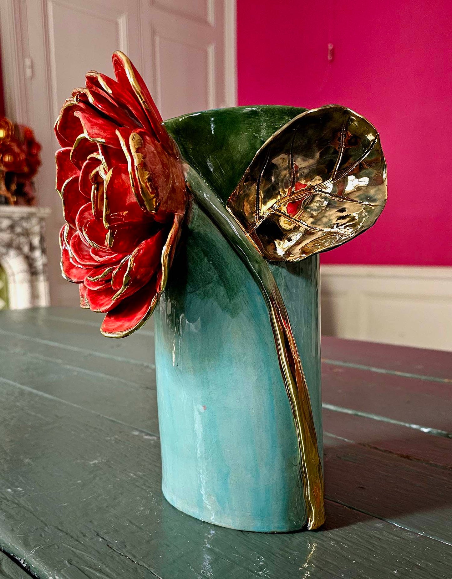 Enamelled earthenware vase gilded with fine 22-carat gold