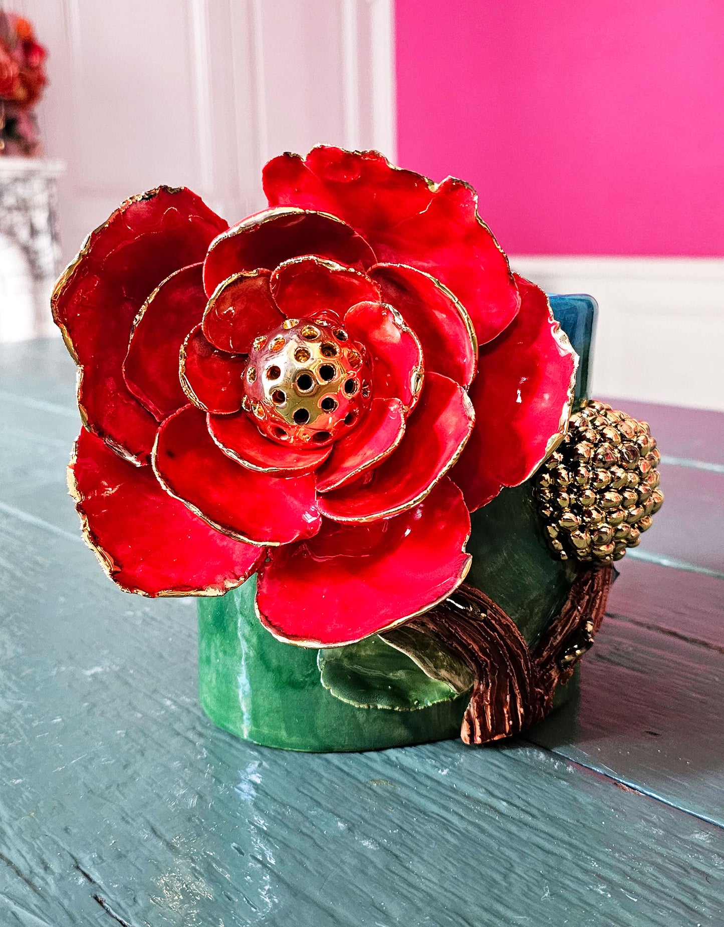 Enamelled earthenware vase gilded with fine 22-carat gold