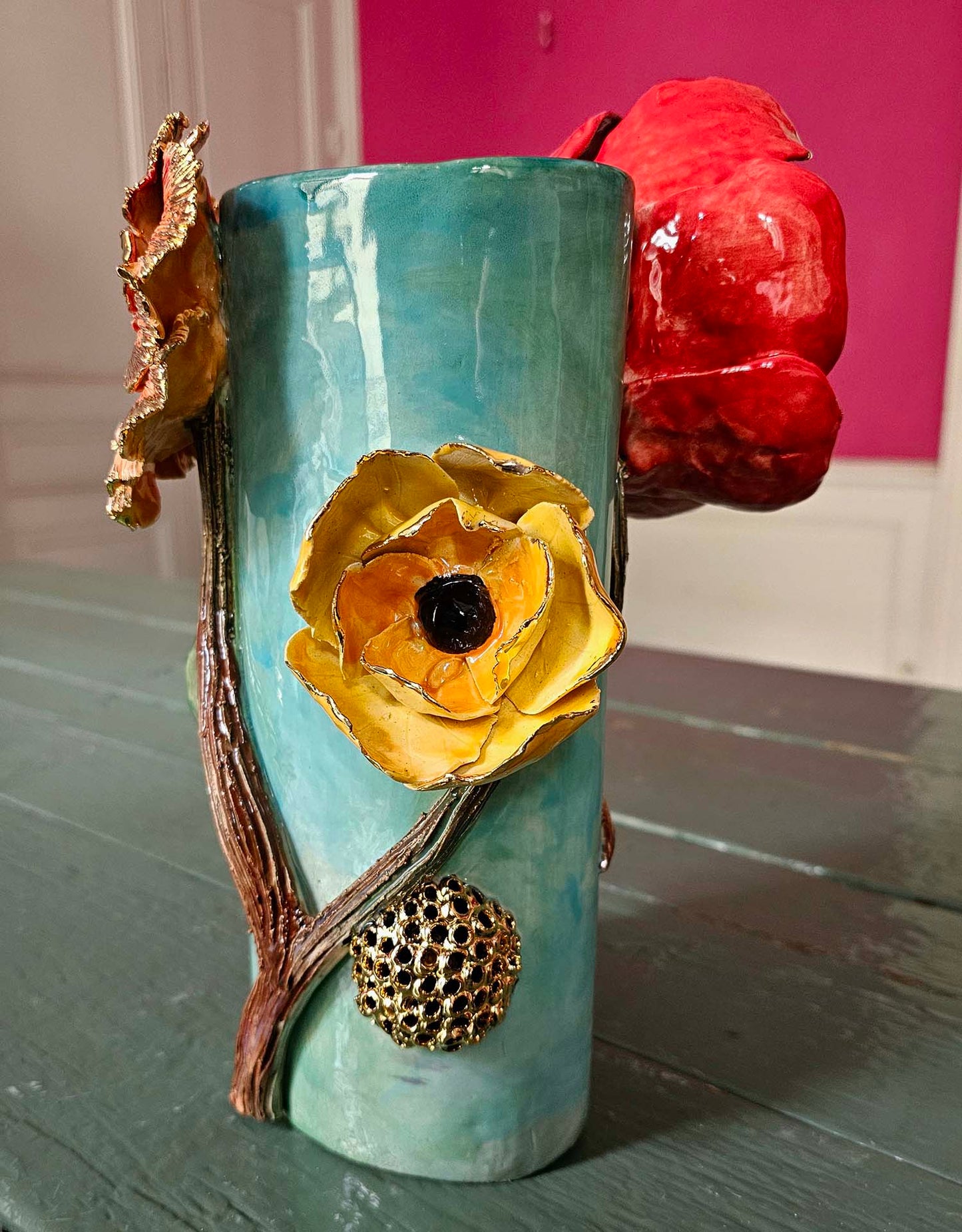 Enamelled earthenware vase gilded with fine 22-carat gold