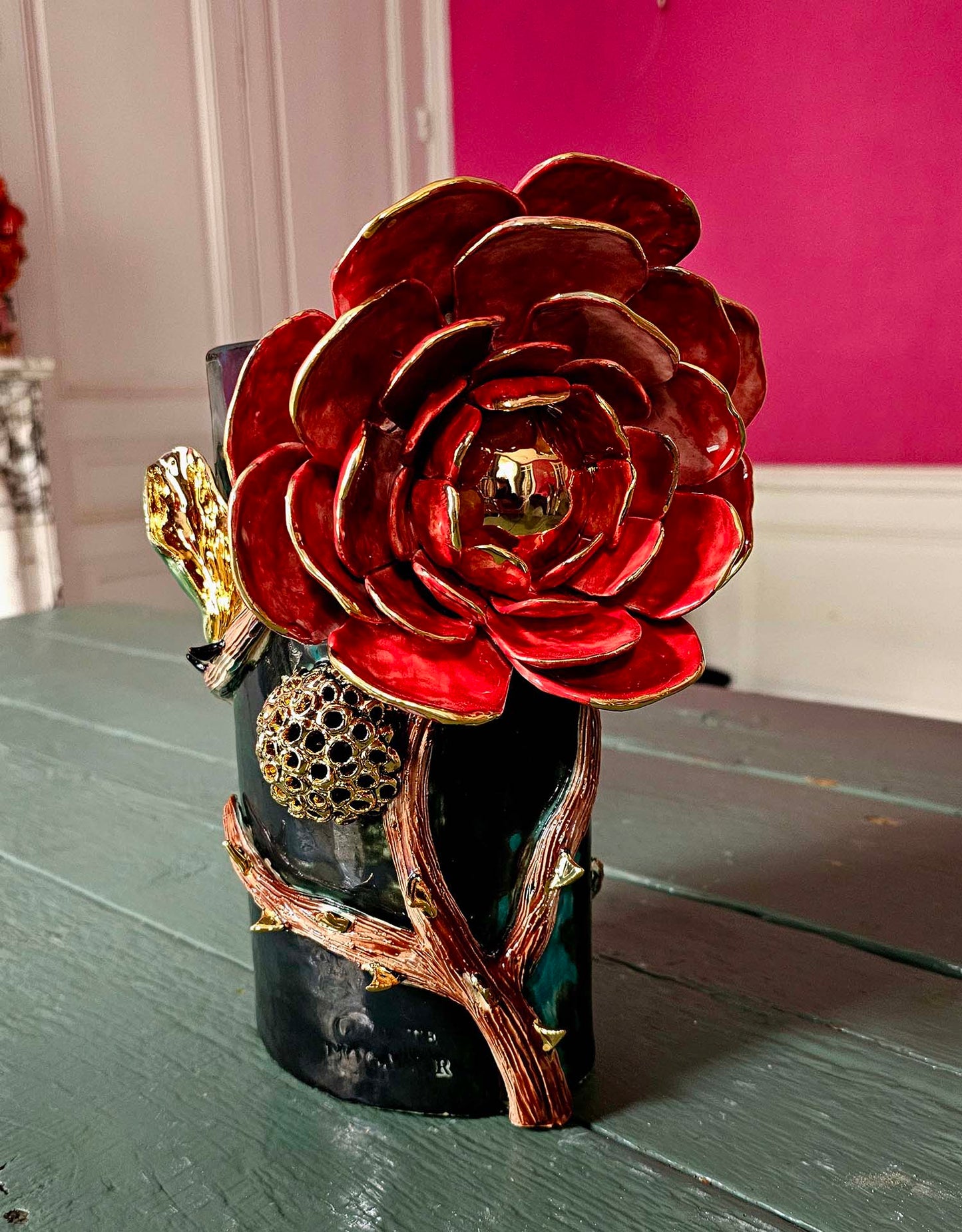 Enamelled earthenware vase gilded with fine 22-carat gold