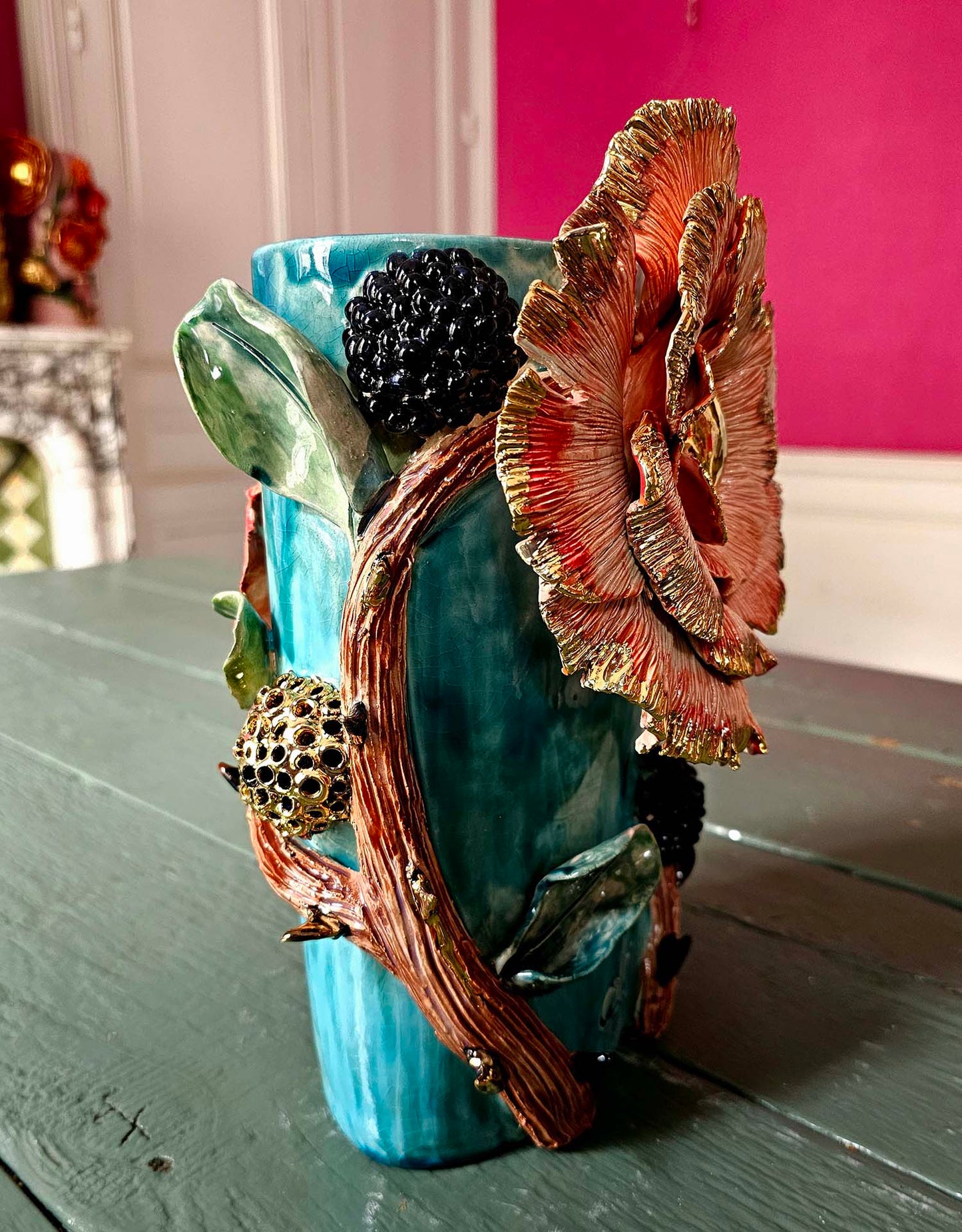 Enamelled earthenware vase gilded with fine 22-carat gold