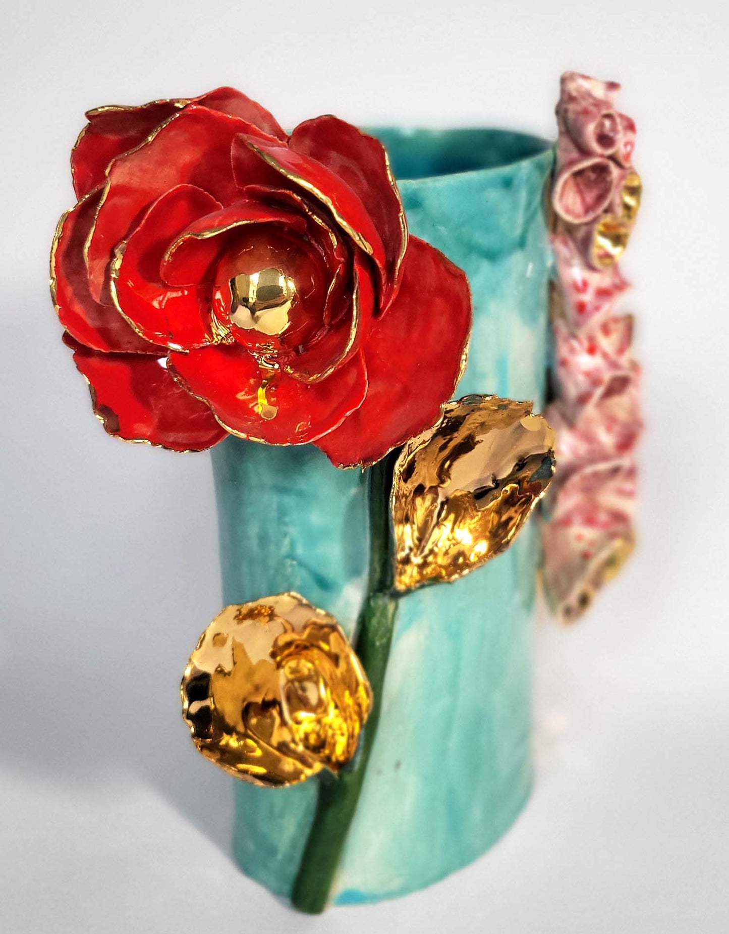 Enamelled Ceramic Rose Vase with Gold - Unique Handcrafted  Piece Gilded with Fine Gold