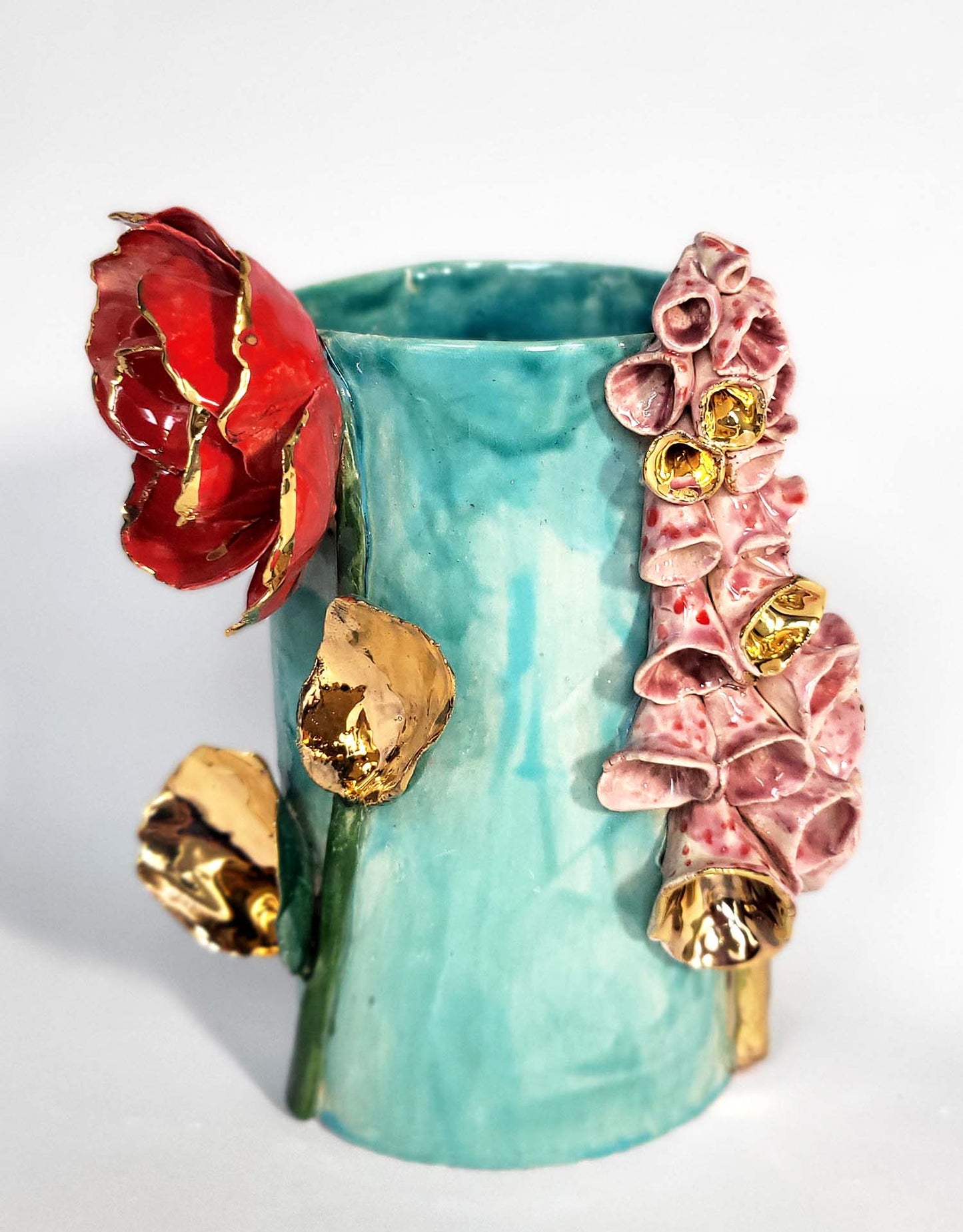 Enamelled Ceramic Rose Vase with Gold - Unique Handcrafted  Piece Gilded with Fine Gold