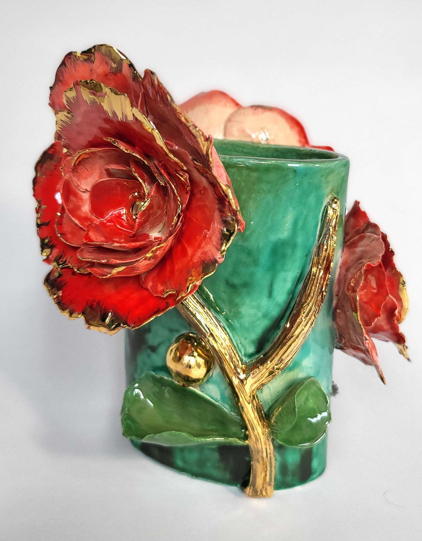 Red Flower Vase in Enamelled Earthenware and Gold - Unique Piece