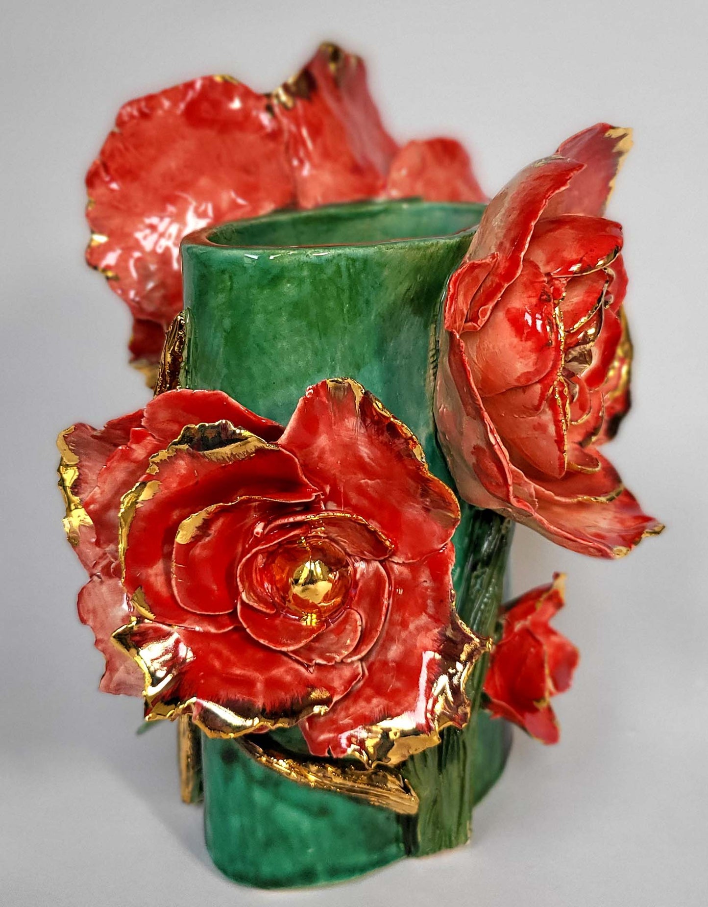 Red Flower Vase in Enamelled Earthenware and Gold - Unique Piece