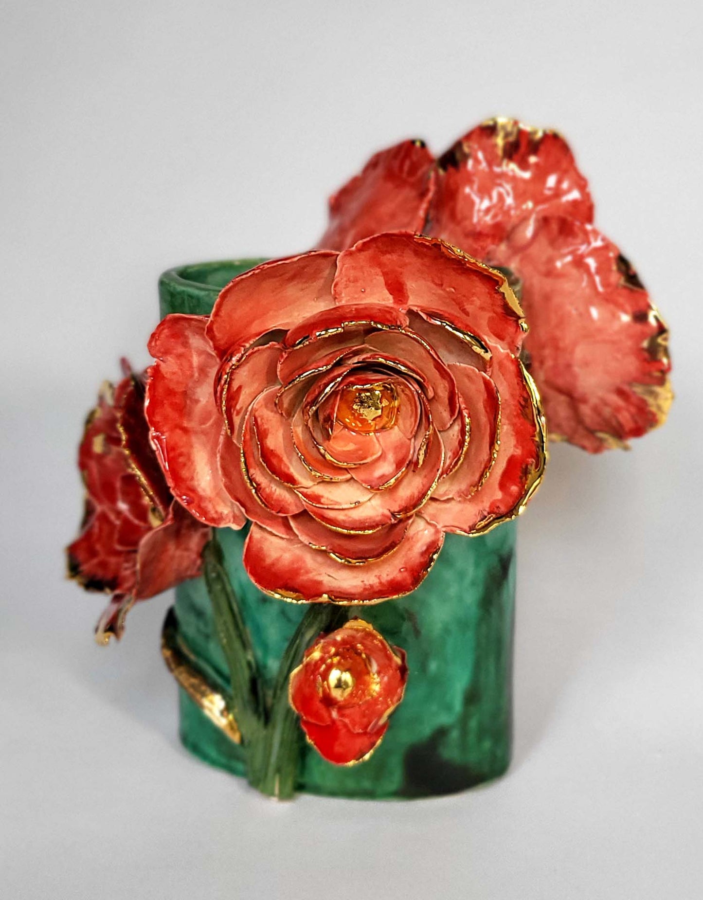 Red Flower Vase in Enamelled Earthenware and Gold - Unique Piece