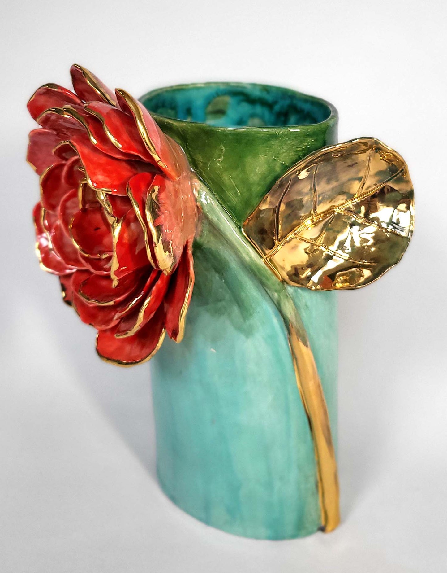 Radiant Flower Vase in Enamelled Earthenware and Gold - Unique Piece