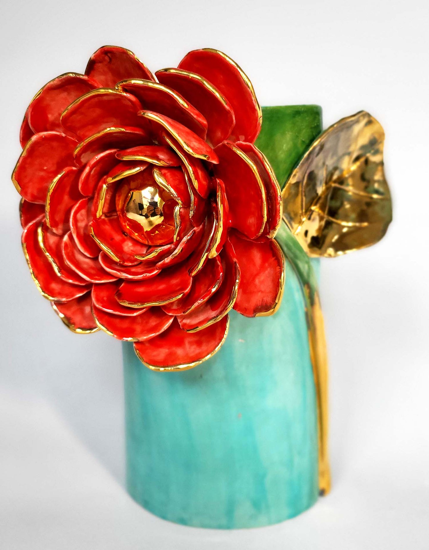 Radiant Flower Vase in Enamelled Earthenware and Gold - Unique Piece