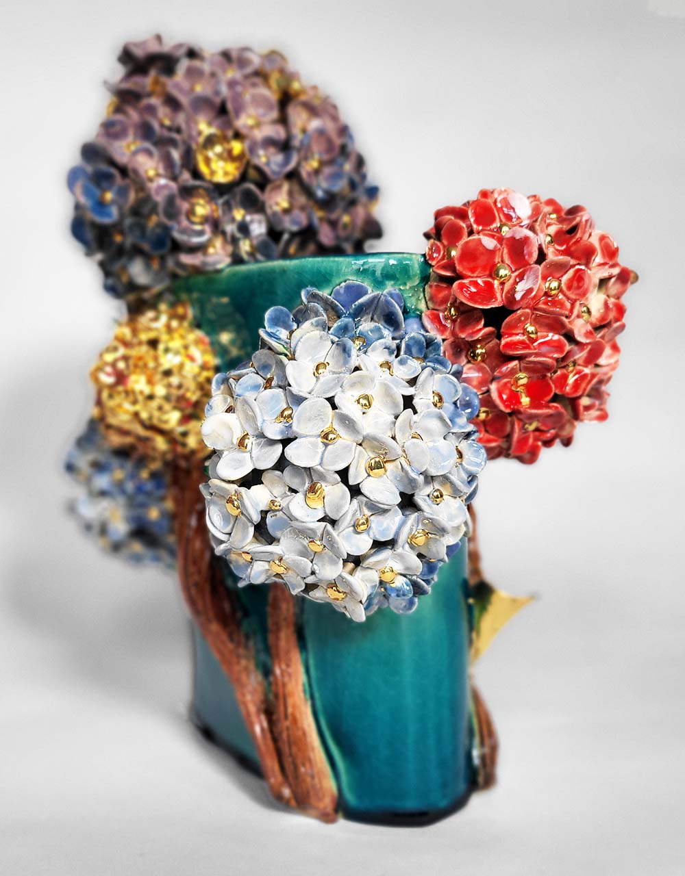 Enamelled Ceramic hydrangea Vase with Gold - Unique Handcrafted Piece