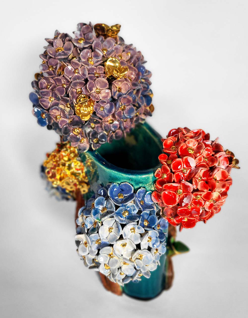 Enamelled Ceramic hydrangea Vase with Gold - Unique Handcrafted Piece