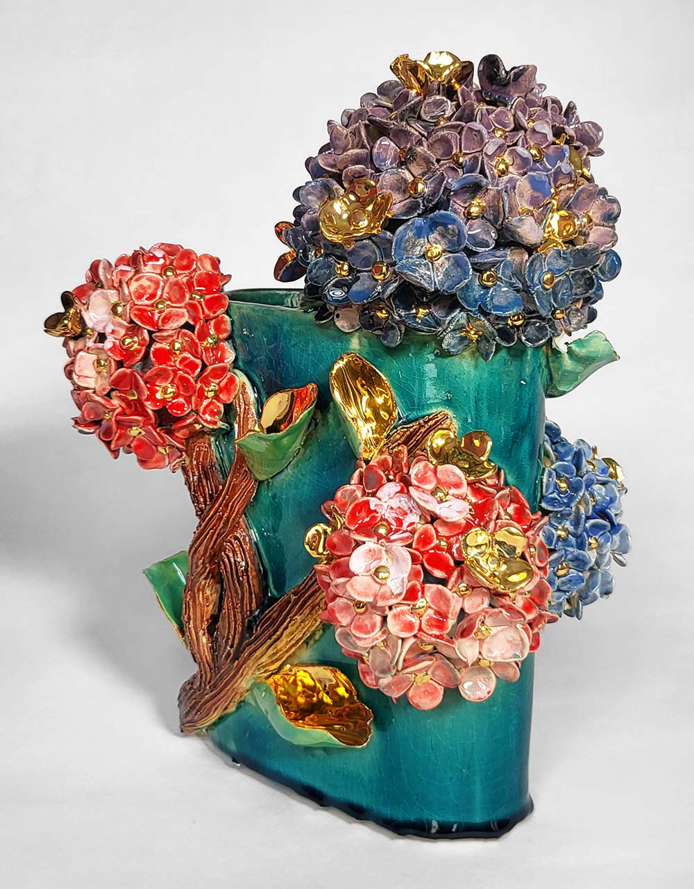 Enamelled Ceramic hydrangea Vase with Gold - Unique Handcrafted Piece