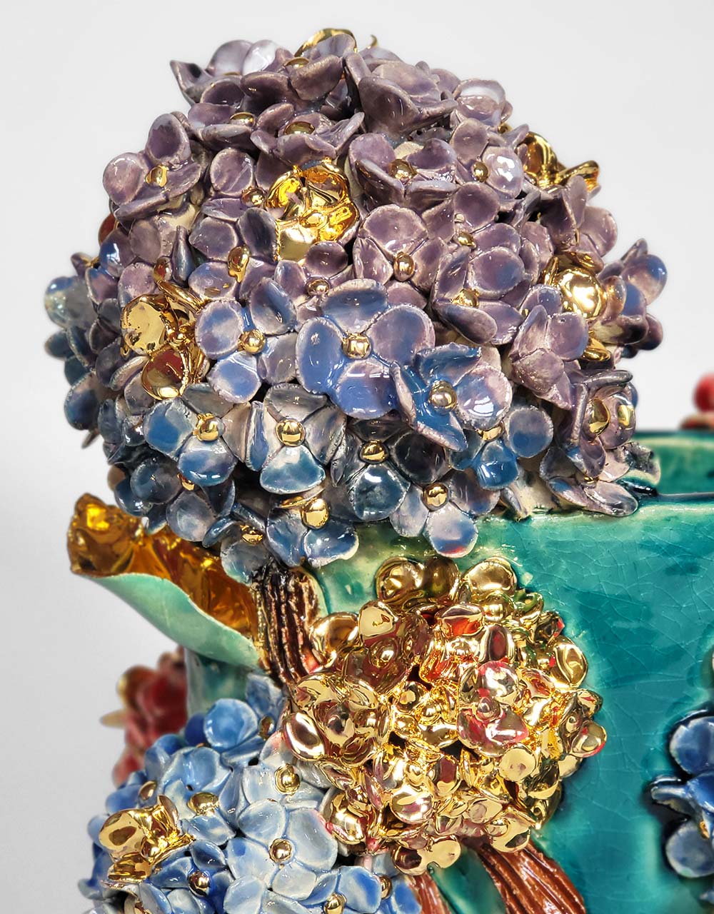 Enamelled Ceramic hydrangea Vase with Gold - Unique Handcrafted Piece