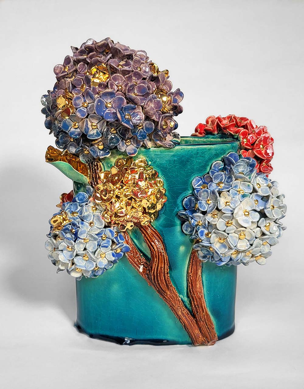 Enamelled Ceramic hydrangea Vase with Gold - Unique Handcrafted Piece