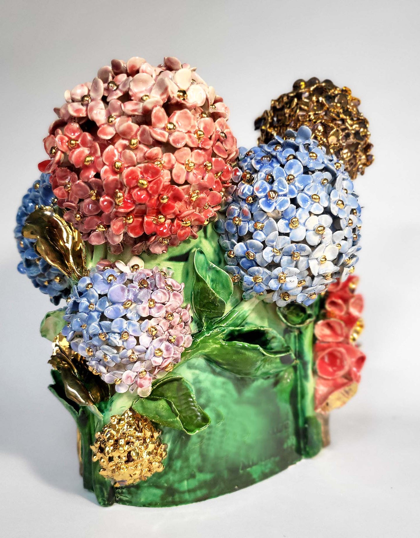 Hydrangea and Foxglove Vase  – Unique Handcrafted Piece with fine 22-carat gold