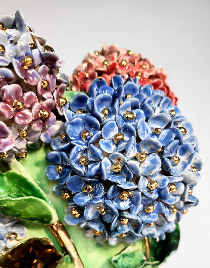 Hydrangea and Foxglove Vase  – Unique Handcrafted Piece with fine 22-carat gold